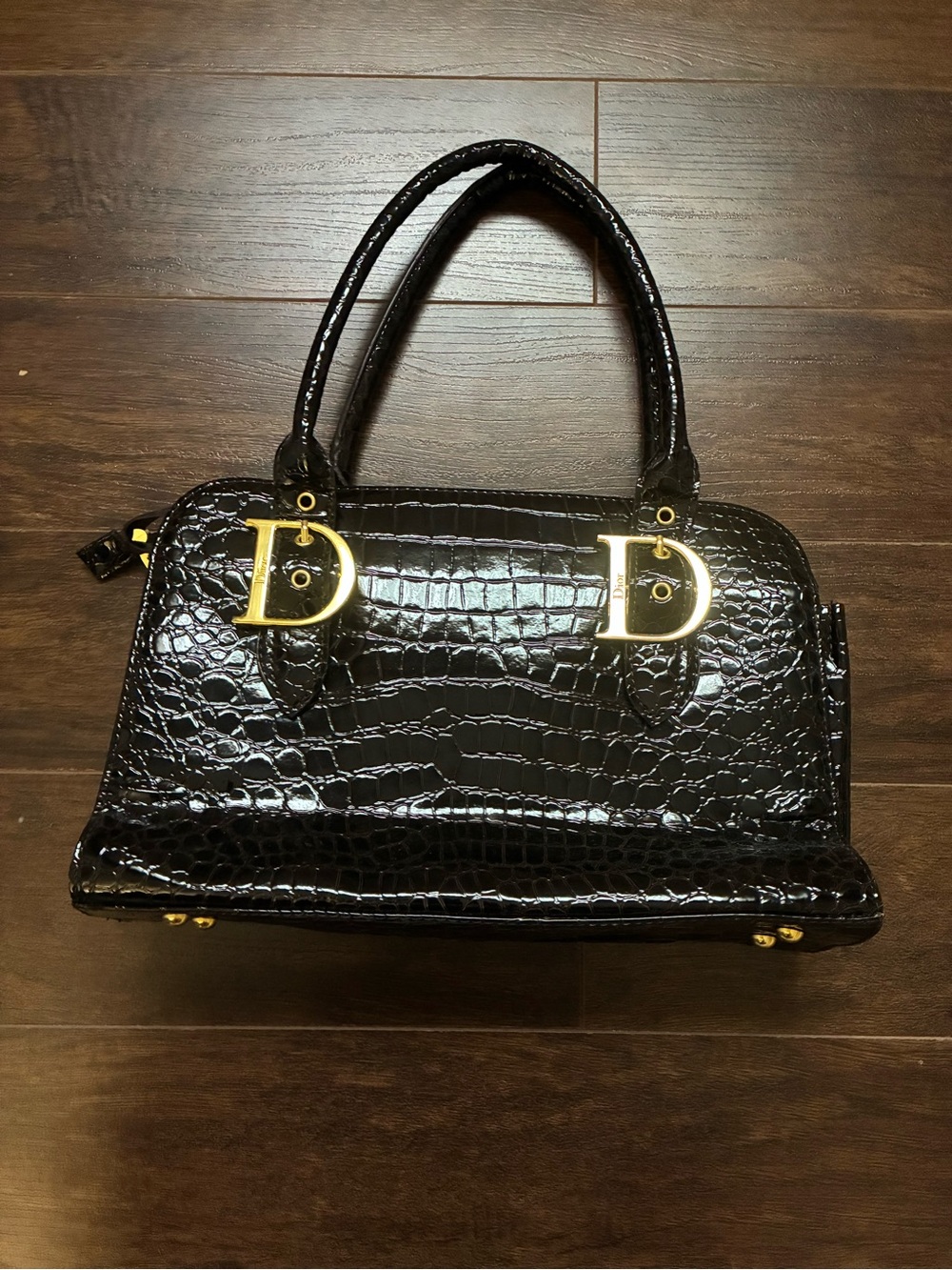 Black Croc-Embossed Patent Tote with Gold D Hardware